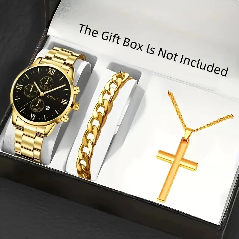 3pcs/set Men's Luxury Circular Calendar Quartz Watch+Jewelry Set, Casual Business Sports Style, Men's Watch(no Box)