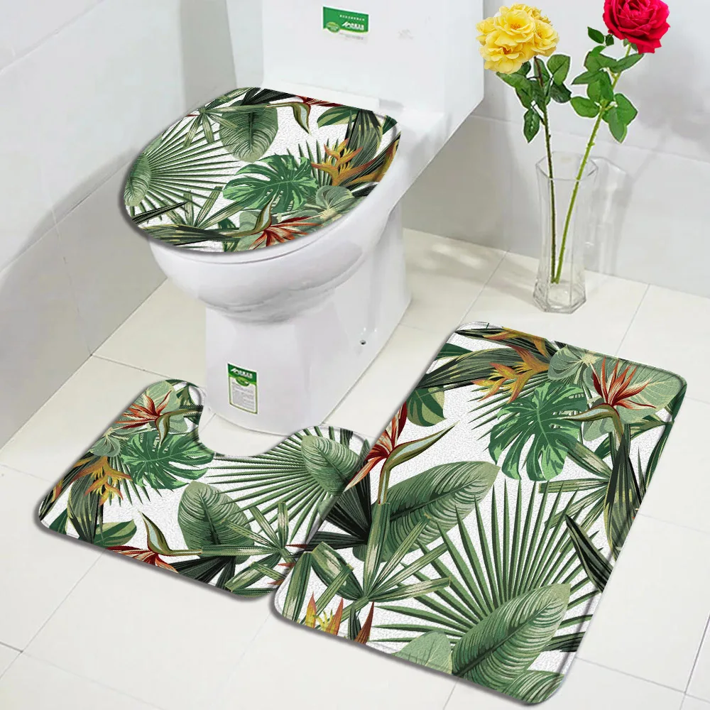 Palm Leaves Bath Mat Set Watercolour Tropical Plants Leaf Pattern Home Carpet Bathroom Decorative Non-Slip Rug Toilet Lid Cover