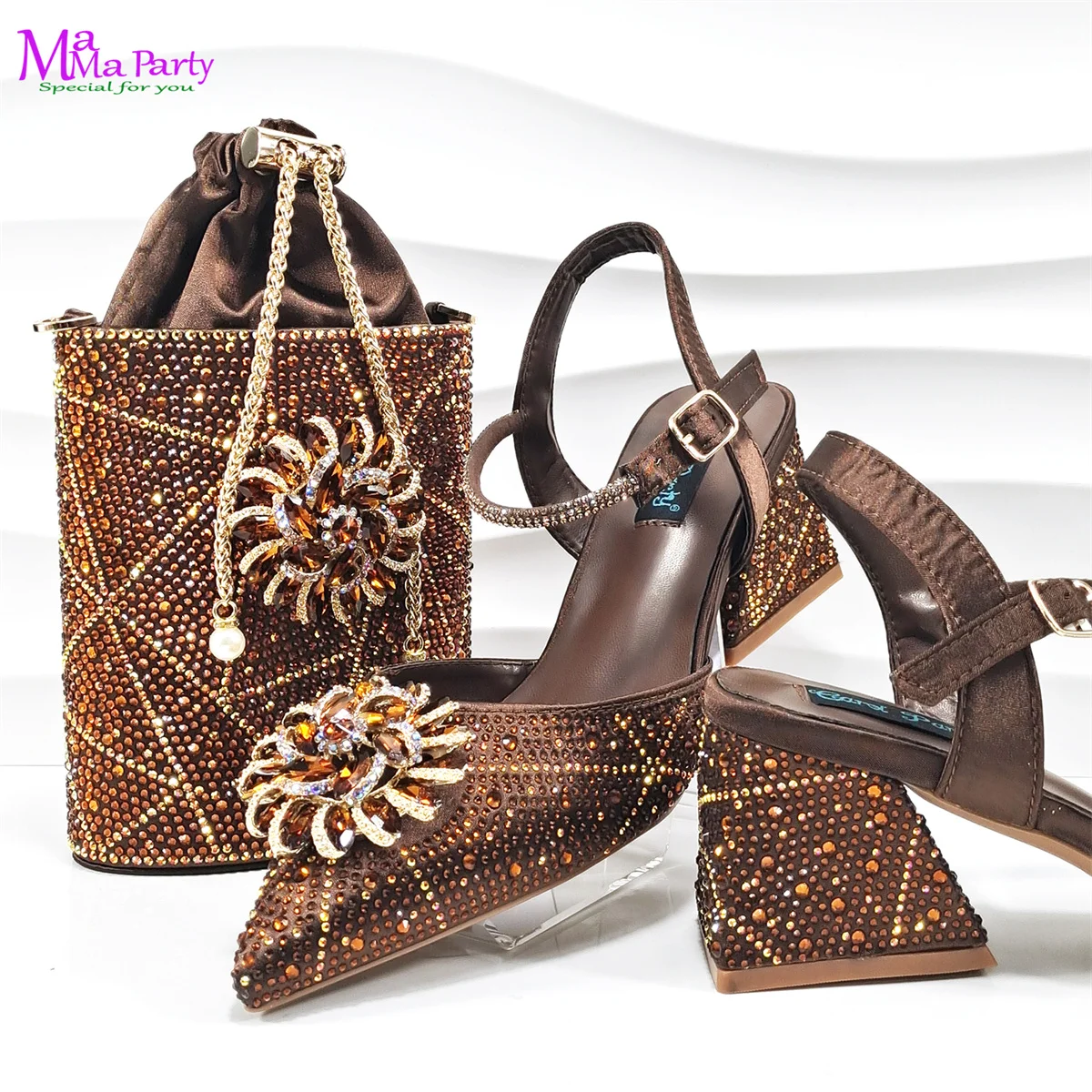 New Arrival Matching Shoes and Bag in Coffee Color Comfortable Square Heels Design with Crystal for Wedding Dress