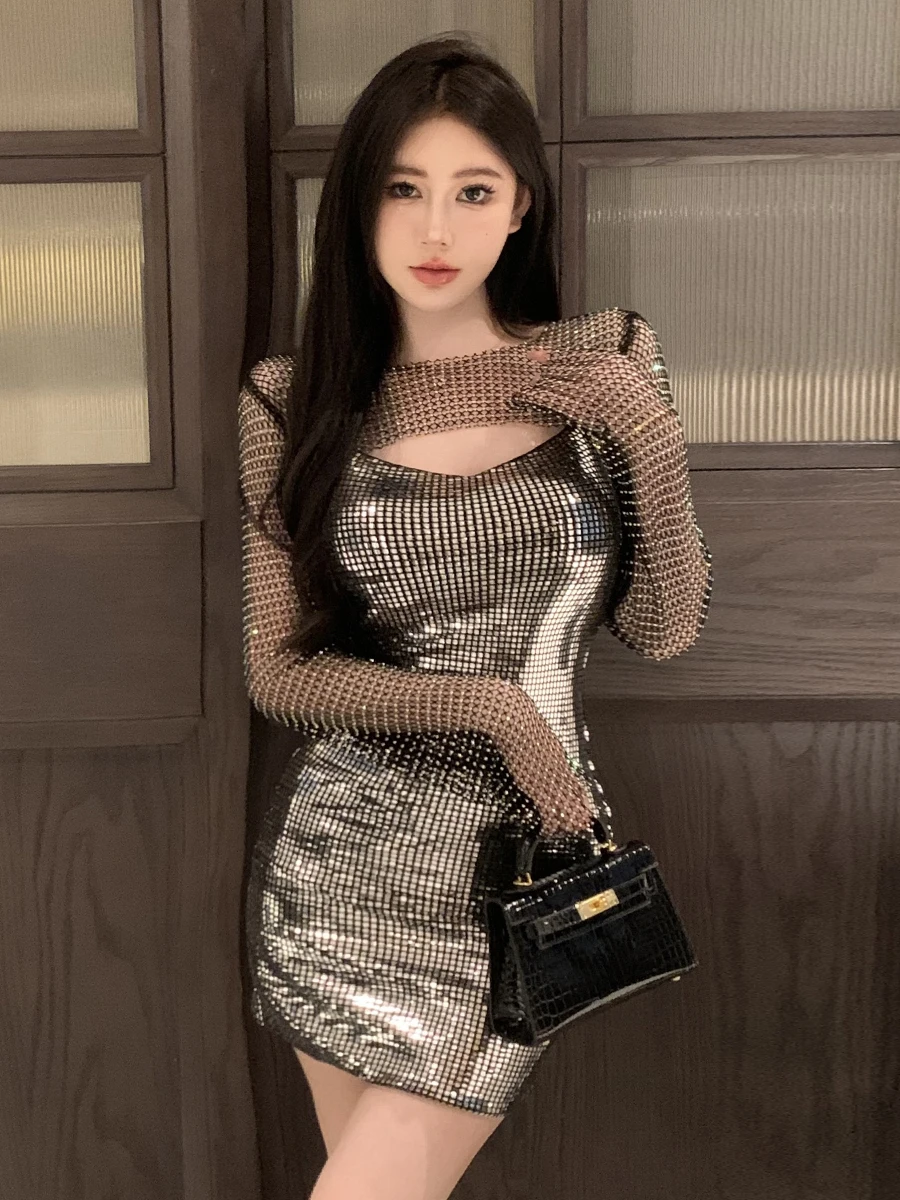 Sexy Spicy Girl Lace Trim Sequin Slim Fit Design Sense Butt Covering Dress Shoulder Strap Net Diamond Top Set Short Length