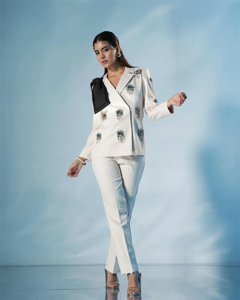 Crystals White Women Suit Pants Set 2 Piece Bow Blazer+Trousers Formal Office Lady Business Jacket Customized Wedding Coat