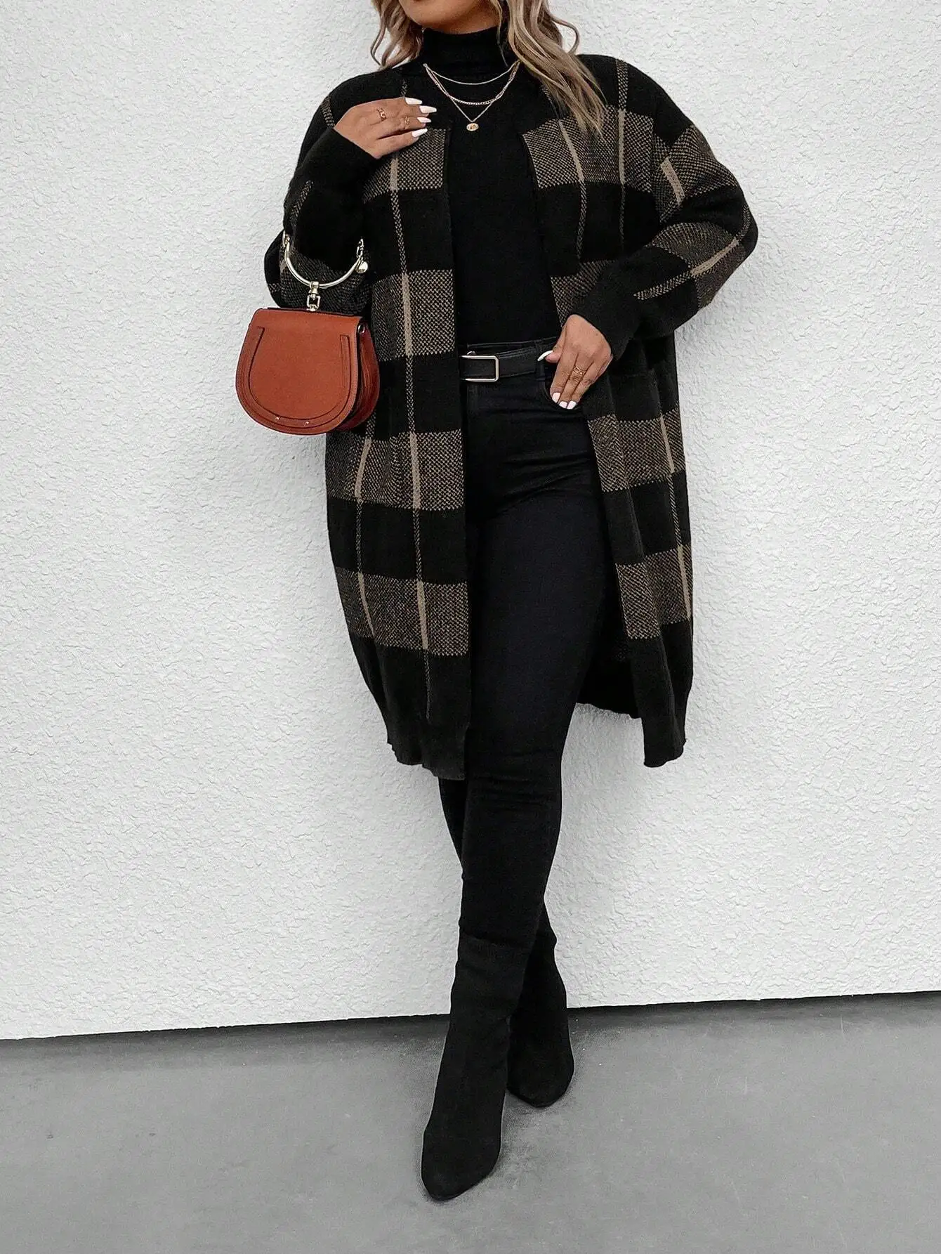 

EMERY ROSE Plus Size Plaid Drop Shoulder Cardigan for Women, Fall Winter Long Knit Sweater Coat