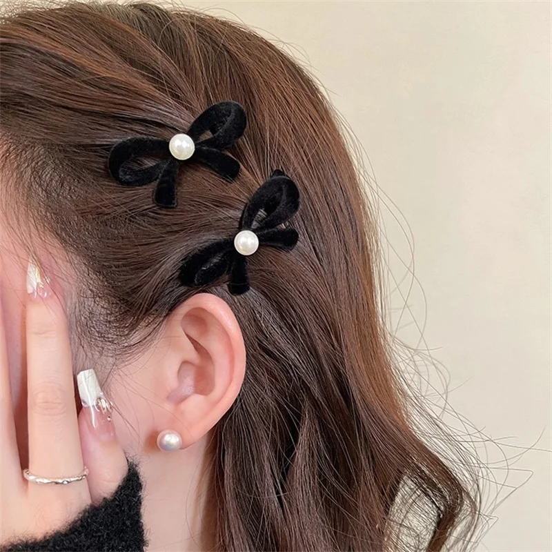 2024 Elegant Velvet Pearl Bow Hairpins Women Girls Bangs Hair Clips Barrettes Accessories Hairclip Headwear Headdress Ornament