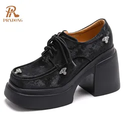 PRXDONG 2025 New Brand Qulaity Women Pumps Square HIgh Heels Platform Lace Up Black White Dress Party Office Lady Shoes Size 39