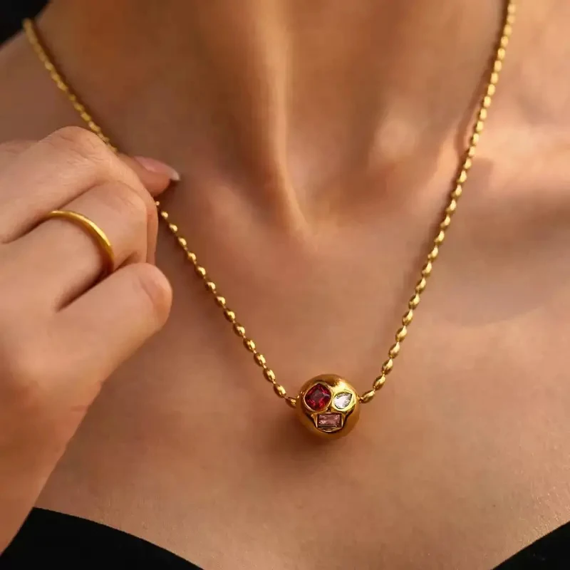 

YISON New Para Mujer Irregular Zircon Round Ball Pendant Necklace for Women's Stainless steel 18K Plated Gold Jewelry Gift