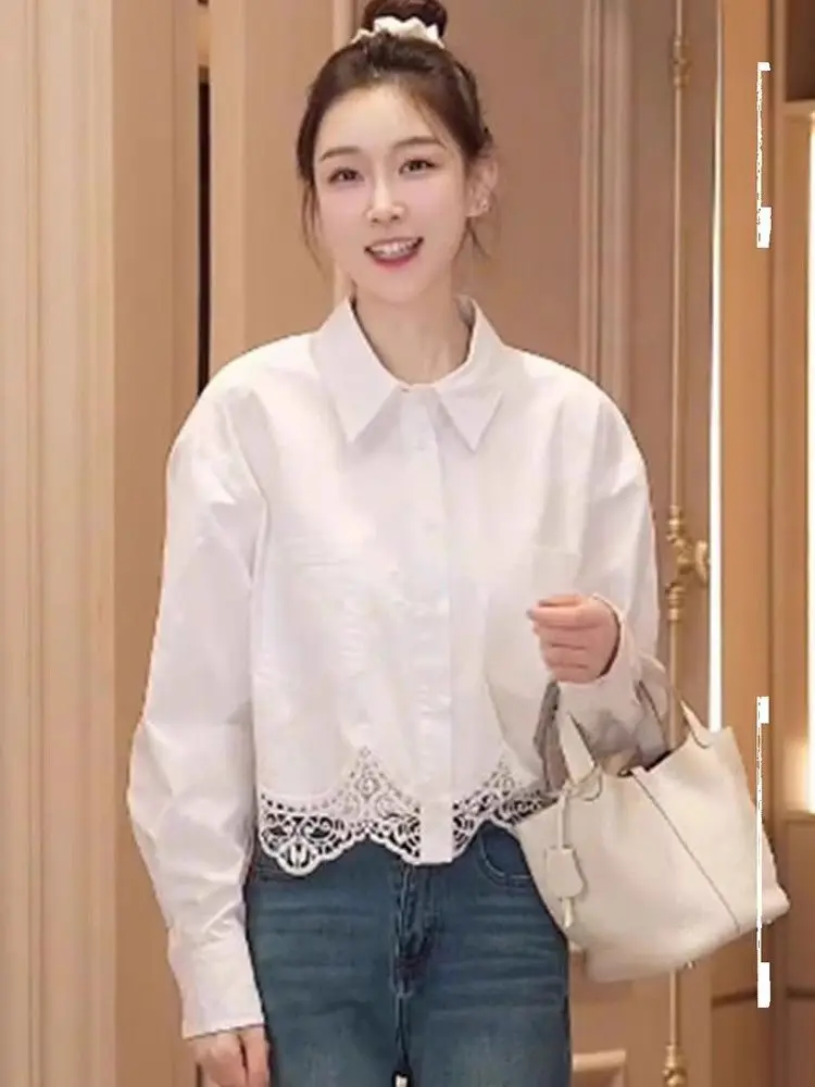 2024 French Lace Patchwork Short Shirt Spring Autumn Women Elegant Blouse Femae Longsleeve White Shirt Office Lady Base Shirt