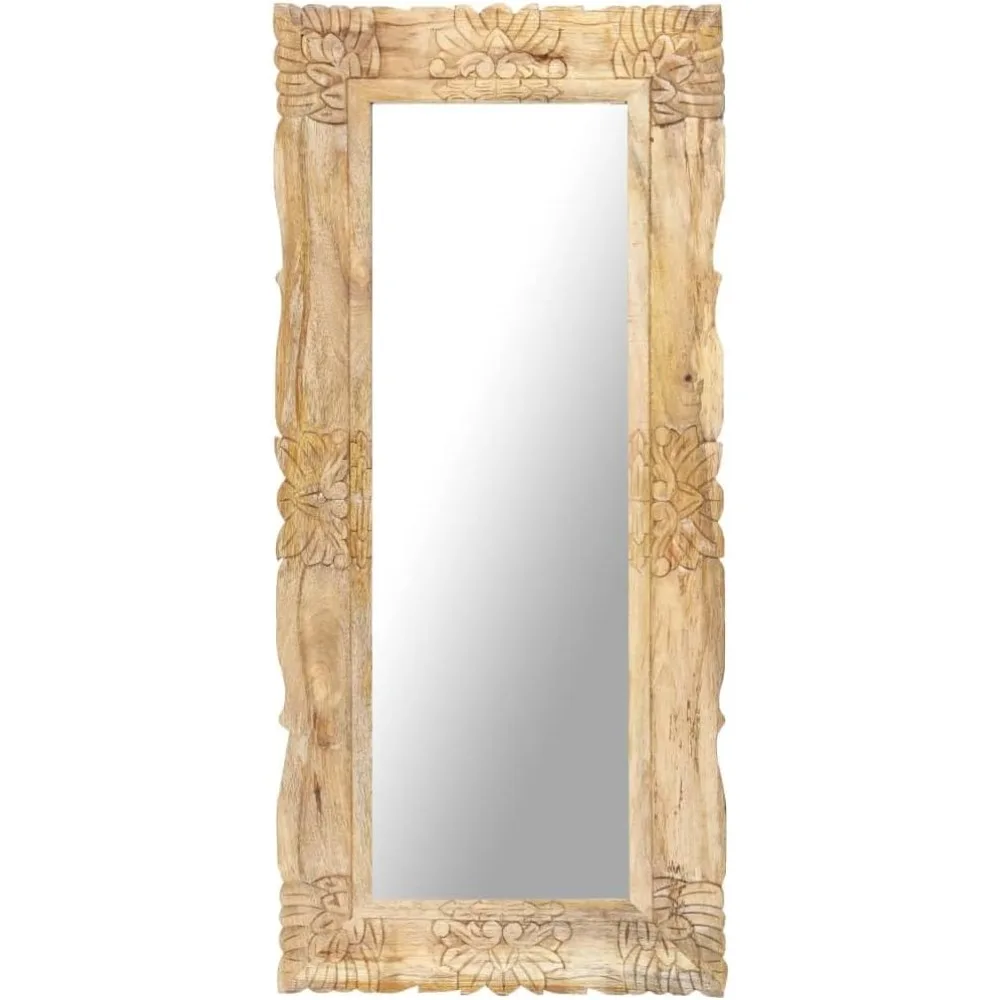 

Solid Mango Wood Mirror-Hand Carved Decorative Wall Mirror for Living Room/Bathroom, Natural Brown Rectangular Shape