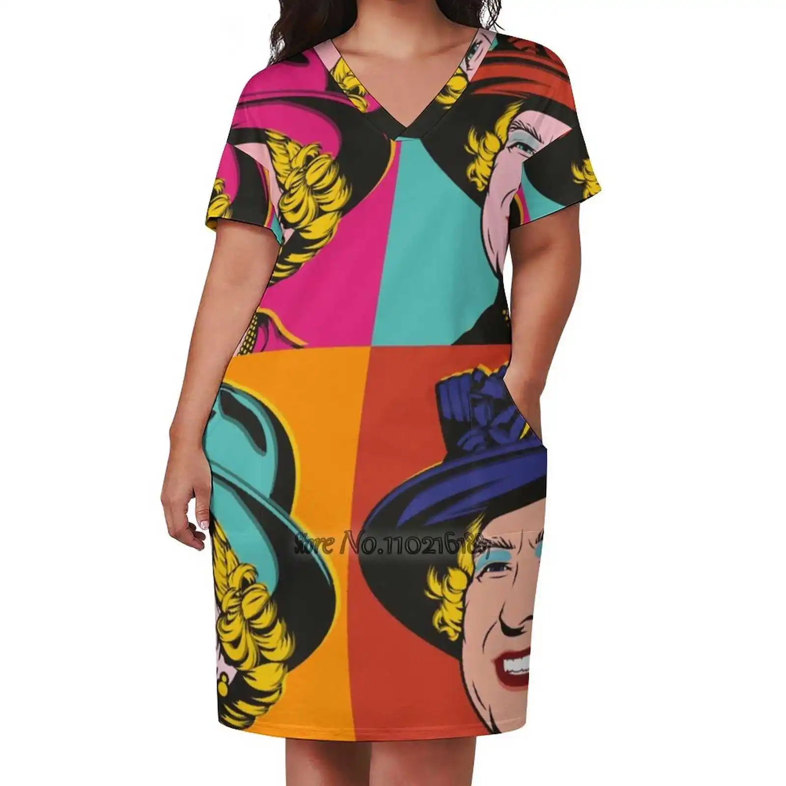 Warhol Queen V-Neck Short Sleeve Dress A-Line Skirt Women'S Clothing Office Lady Elegant Skirt Queen Hrh Queen Elizabeth Queen