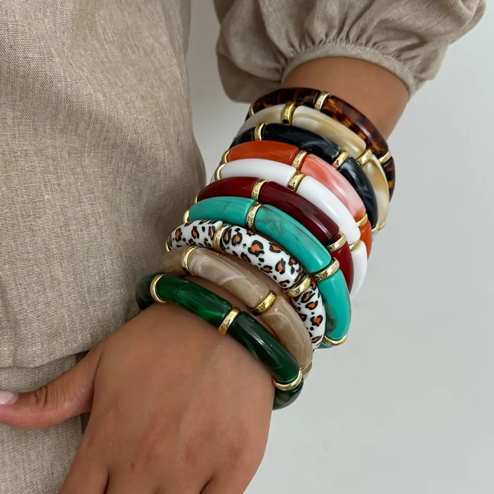 

Vintage Acrylic Acrylic Bracelets Leopard Print Wristband Curved Tube Bangle Hand Ring Stretchy Geometric Bracelets Girls