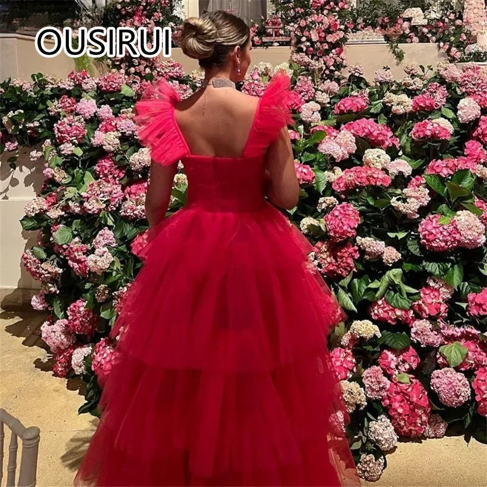 Custom Made Charming Spaghetti Straps Tulle Tiered Ball Gown Formal Evening Bridesmaid Dress Backless Long Court Evening Gown