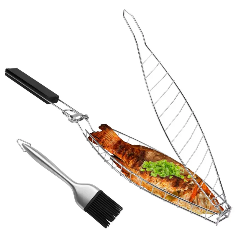Stainless steel grilled fish grill basket with removable handle for salmon, seafood, and vegetables