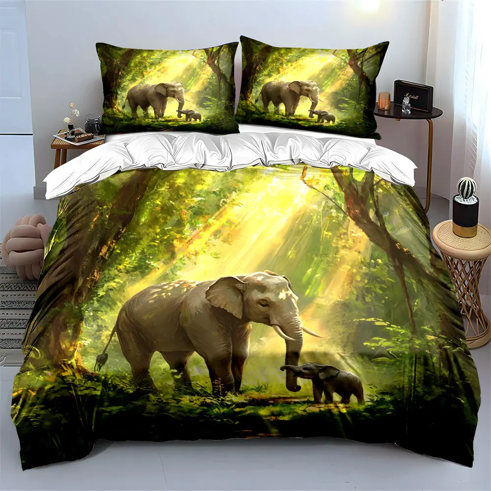 Elephant Mother and Calf in Sunlit Forest Print Bedding Set 1 Duvet Cover 2 Pillowcases for Adult Children Luxury Gift Full Size