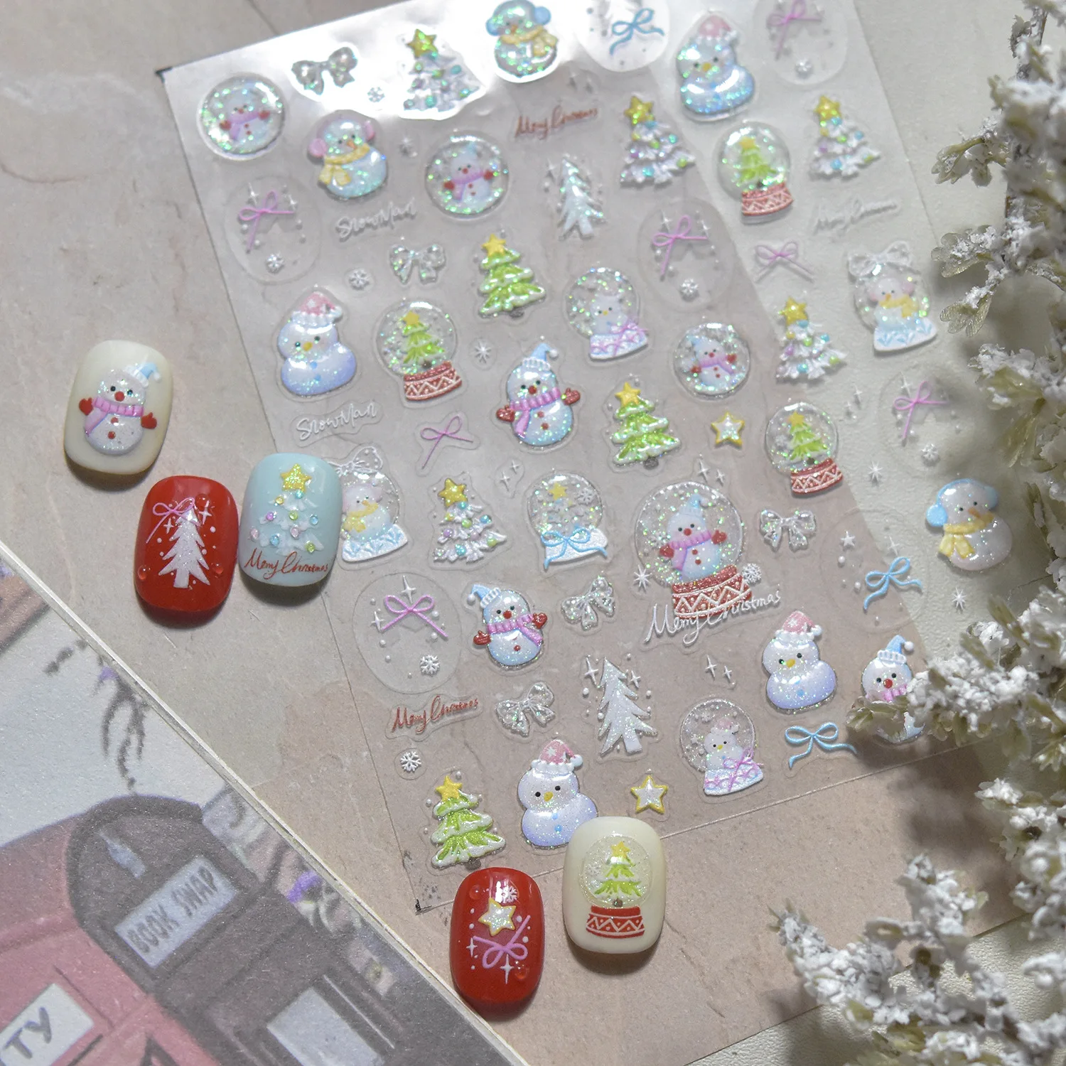 Pegatinas brillantes para uñas, exquisitos lazos navideños de bolas de nieve, decoraciones artísticas para uñas, pegatinas, accesorios de manicura de invierno