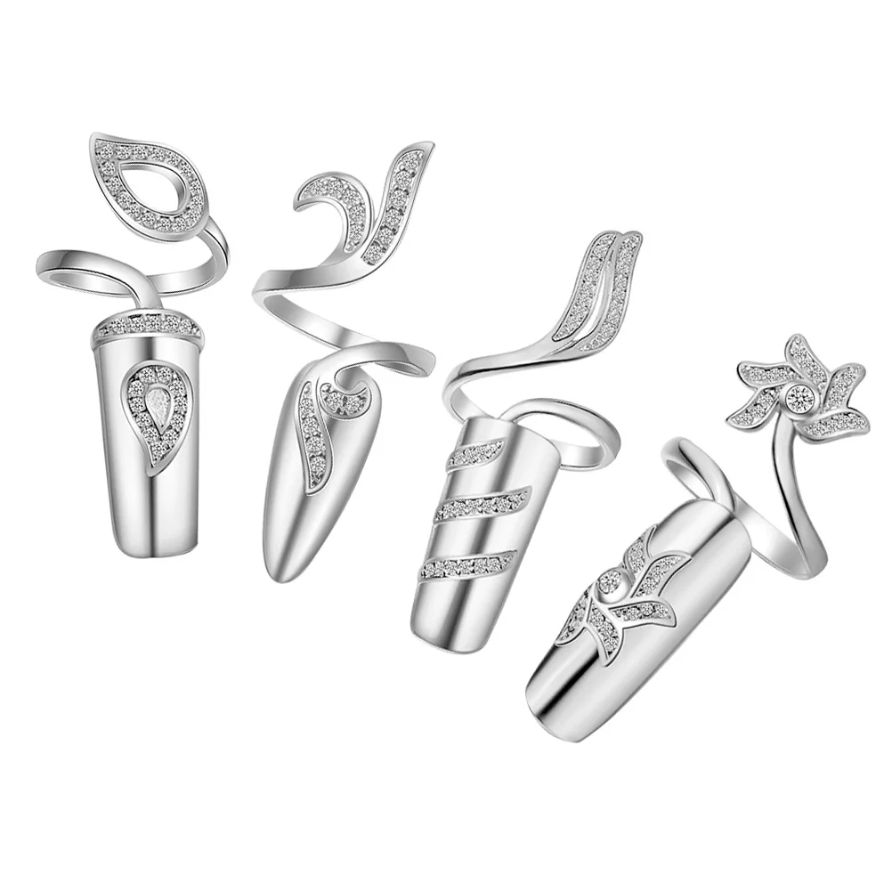 

4 шт., кольца для ногтей из сплава со стразами, элегантные декоративные кольца для ногтей, свадебные, выпускные, вечерние, женские украшения на палец, подарок для ногтей