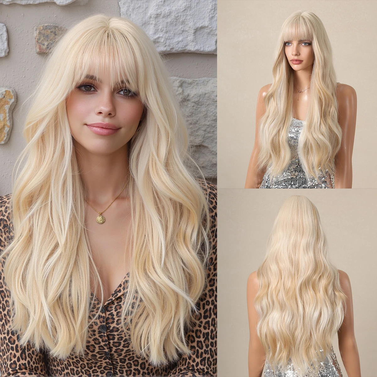 

Синтетический парик Allbell Magique Platinum Blonde, длинный, волнистый, с челкой, термостойкий, кудрявый, золотисто-светлый, для женщин, для косплея и повседневного использования