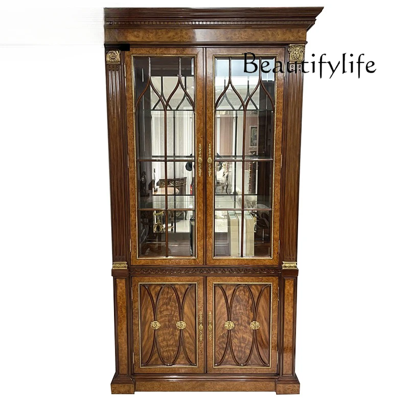 

European bookcase villa classical decorative cabinet double door red wine cabinet American retro red wine display cabinet