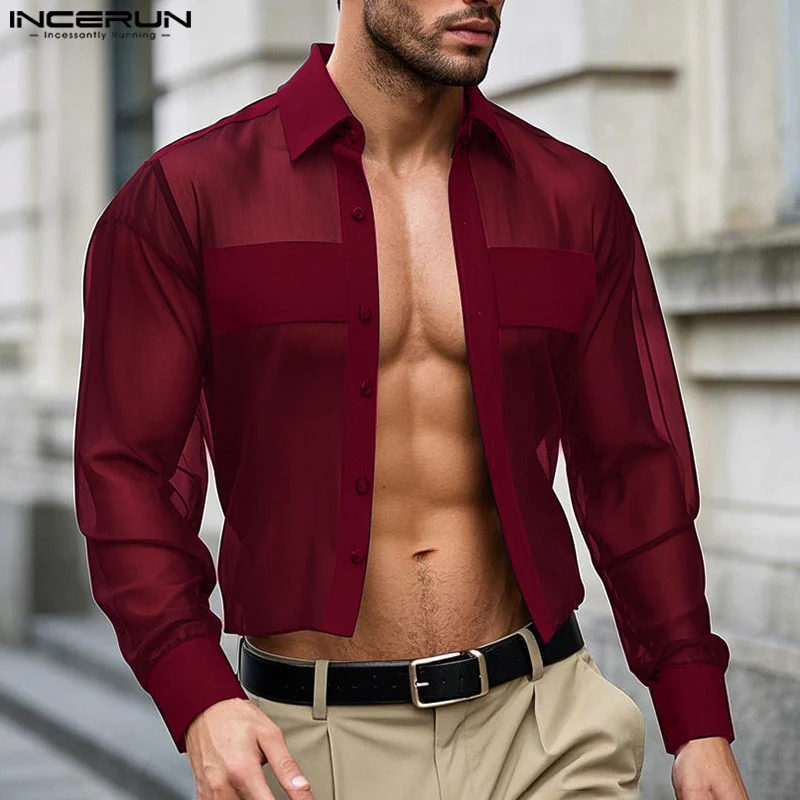 

INCERUN Мужская рубашка из шифона в стиле пэчворк с прозрачными лацканами и длинными рукавами, мужская одежда, свободная уличная одежда, сексуальные модные мужские рубашки 2025