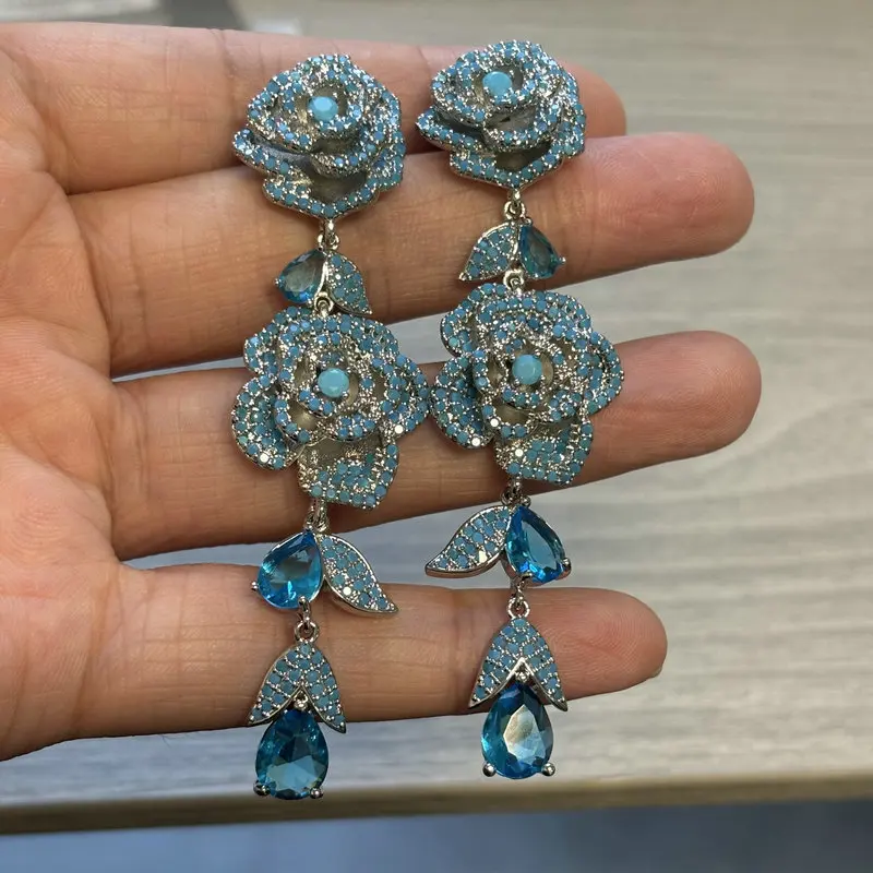 Bilincolor Luxury Blue Flower Earring for Women Wedding