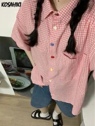 Y2k Aesthetic Pink Plaid Short Sleeve Women Blouse Loose Summer Blusas Vintage Japanese All Match Turn Down Collar Tops