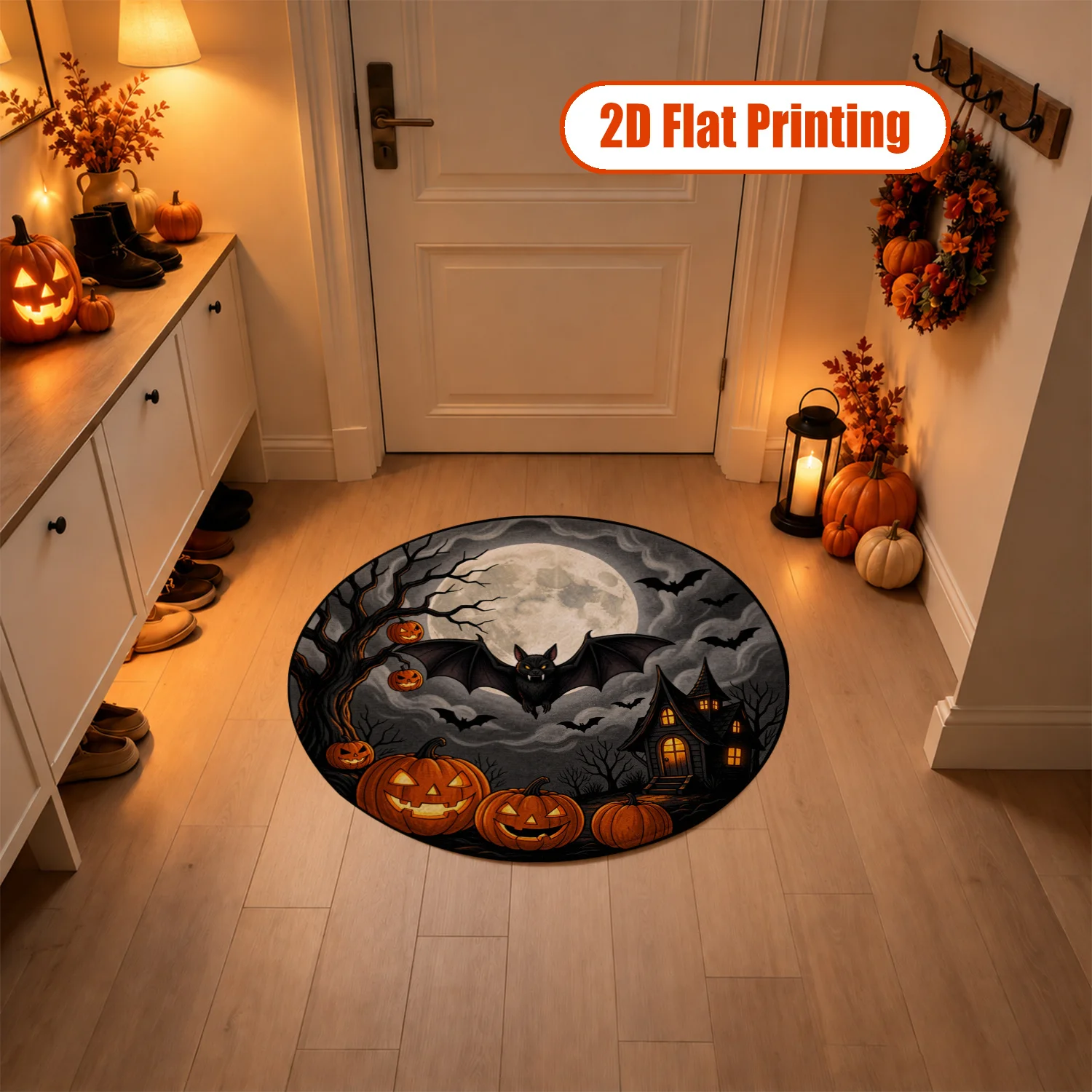 Halloween Bat Jack-O-Lantern Moon Haunted House Round Velvet Area Rug, Machine Washable Soft Floor Mat, Perfect for Living Room Bedroom Entryway Party Decor, Great for Halloween Thanksgiving Christmas New Year Celebrations