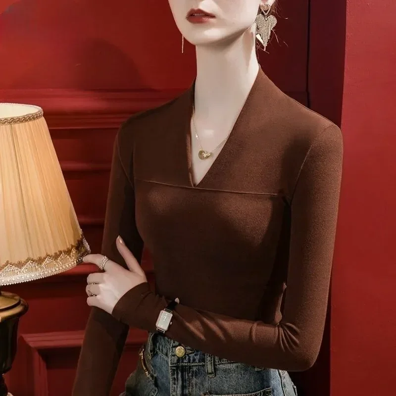 2025 الخامس الرقبة نحى بلون قاع طويلة الأكمام تي شيرت المرأة ضئيلة الخريف نمط تنوعا #1