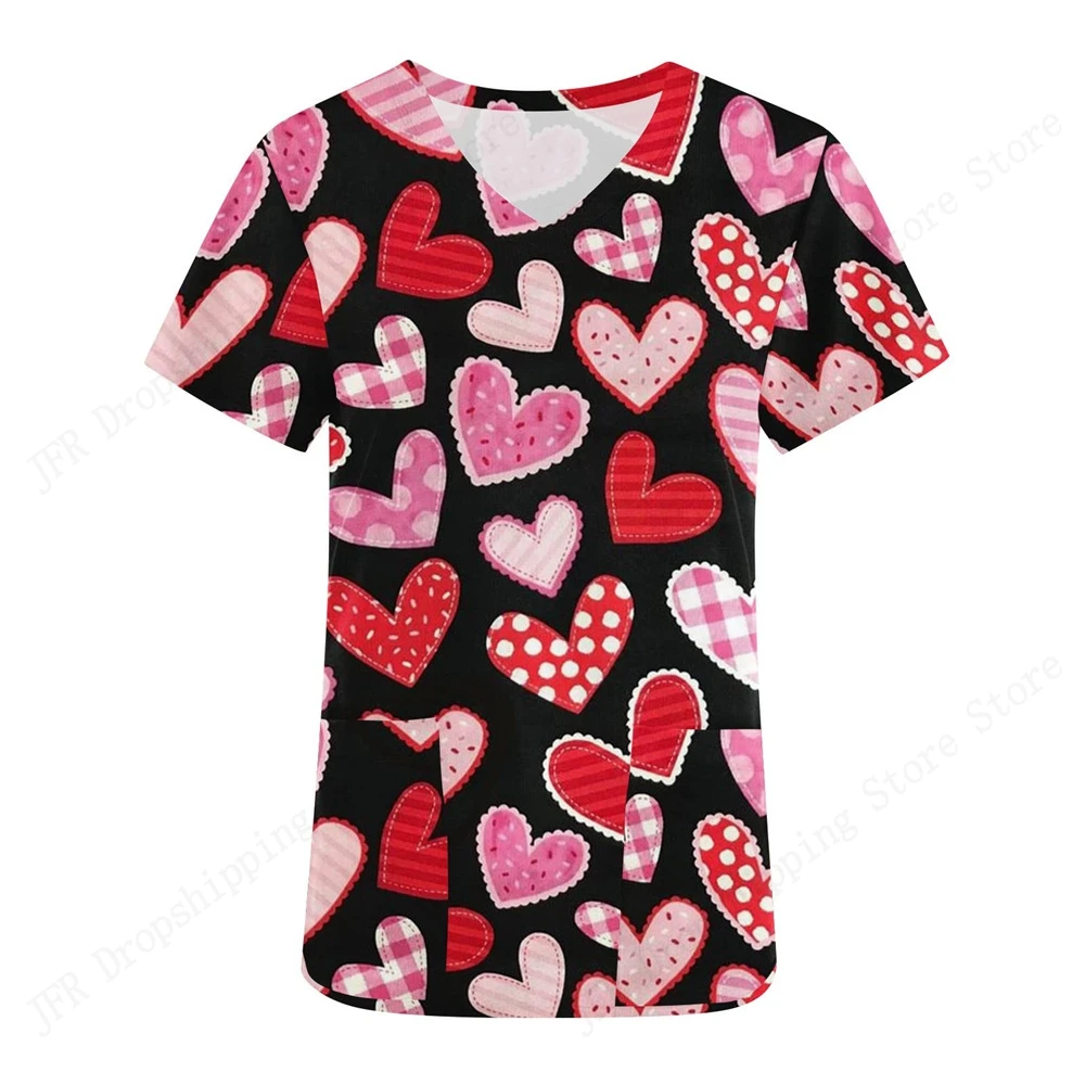 Cartoon Nurse Uniform Lovely Love Heart V-Neck Nursing Scrubs Tops Working Tshirt Women Fashion Medical Uniforms Valentine Day