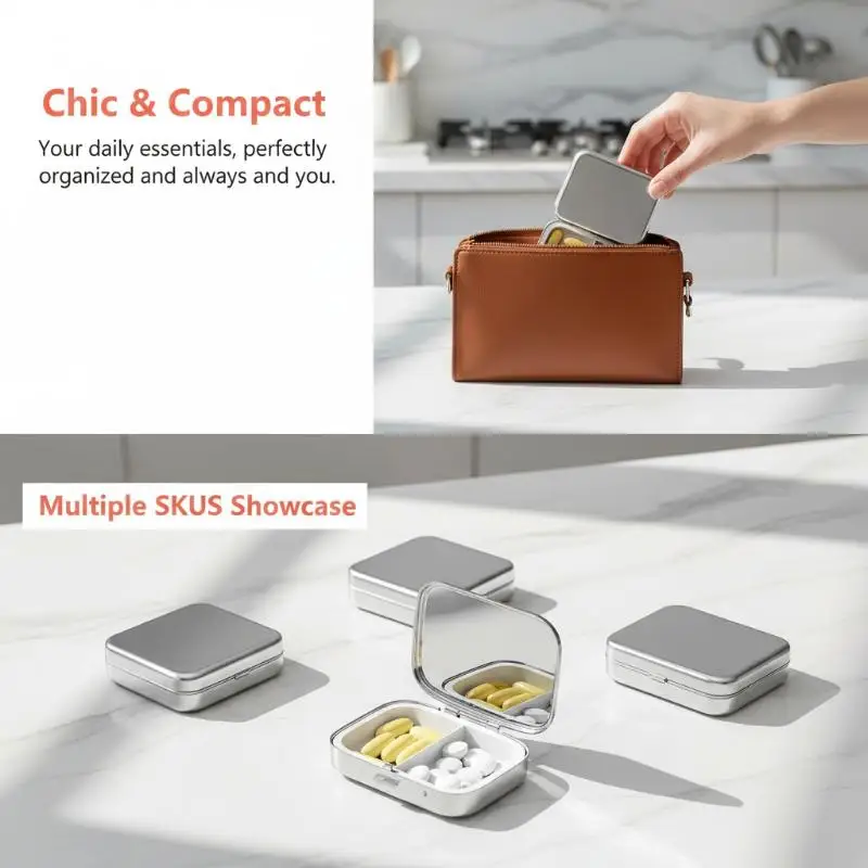 Pill Organizer Eco-friendly Metal Sardines Print 2 Compartment Mini Medication Case for Travel Hiking Gifts