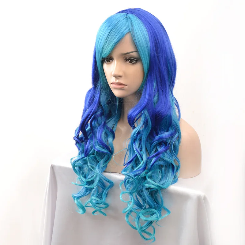 70cm Long Mixed Blue Curly hair Wig with bangs For Women’s Christmas Halloween Cosplay Costume Party Wigs