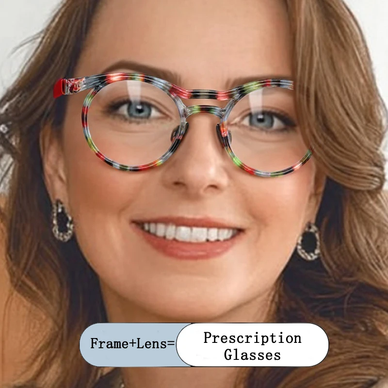

Brand Design Women Round Print Frame Progress Hyperopia Photochromic Prescription Glasses Anti Blue Ray Myopia Custom Eyewear