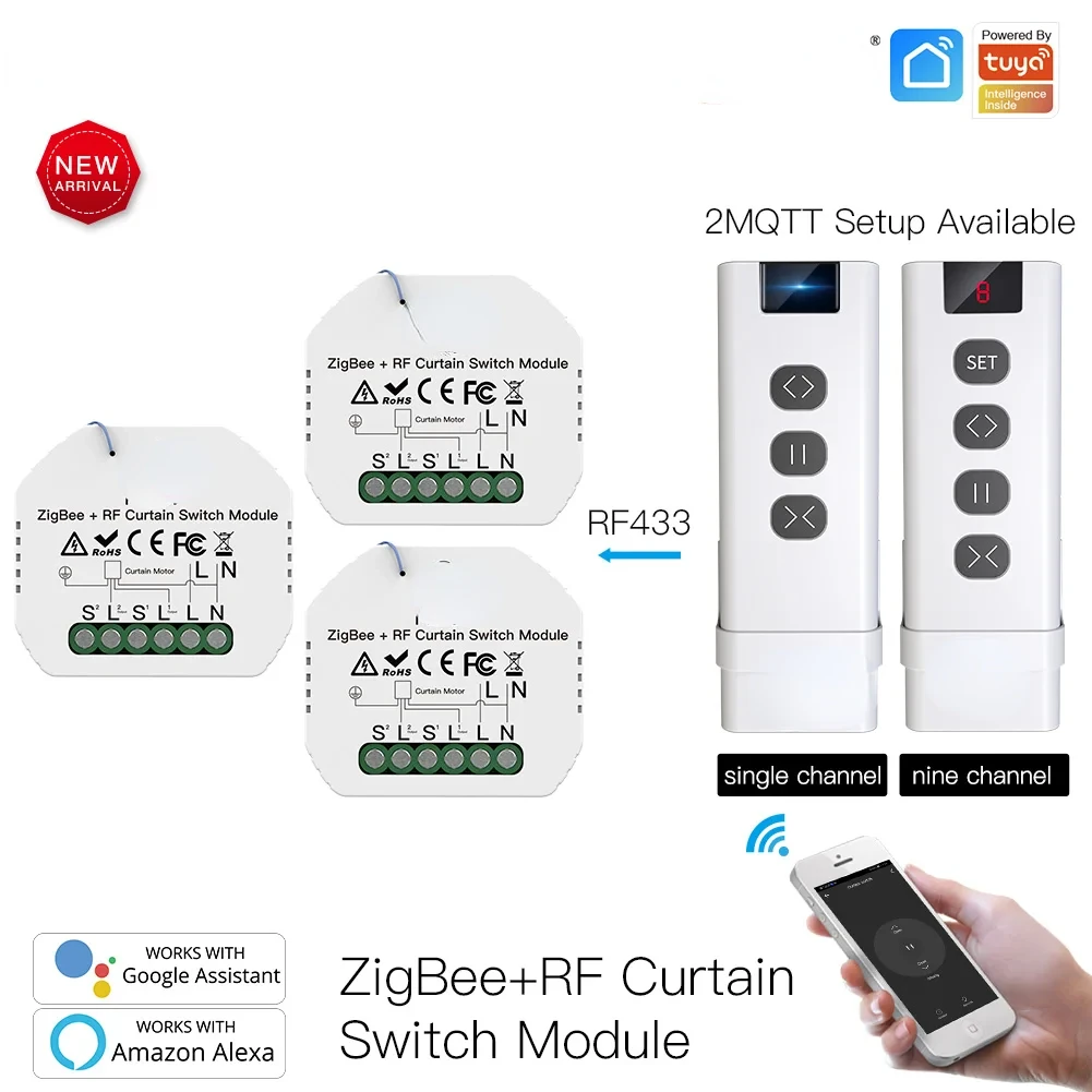 ZigBee Smart RF433 Curtain Switch Module for Motorized Roller Shutter Blinds Motor 2MQTT Smart Life APP Alexa Google Home