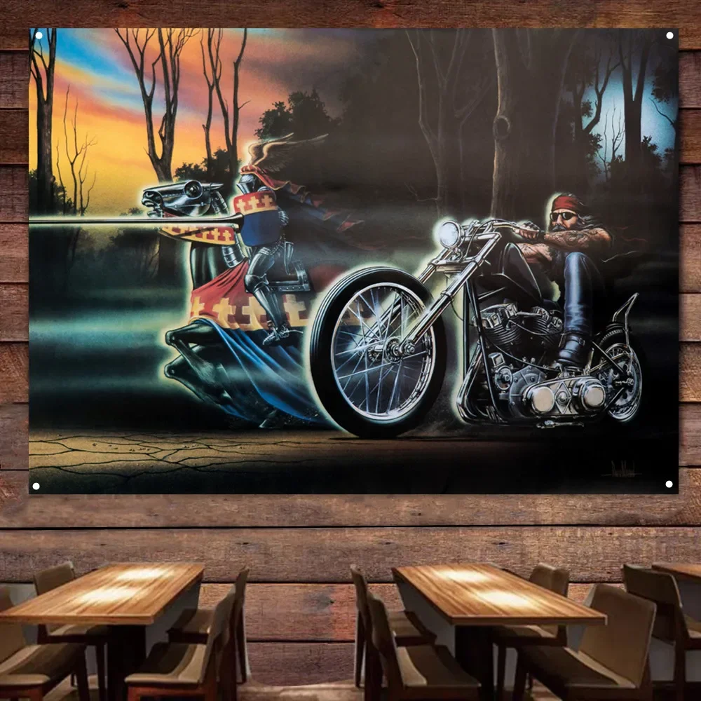 KnightsTemplar Motorcycle Rider Painting for Garage Vintage Banner Wall Flag Gas Station Man Cave Auto Poster Home Decor Sticker