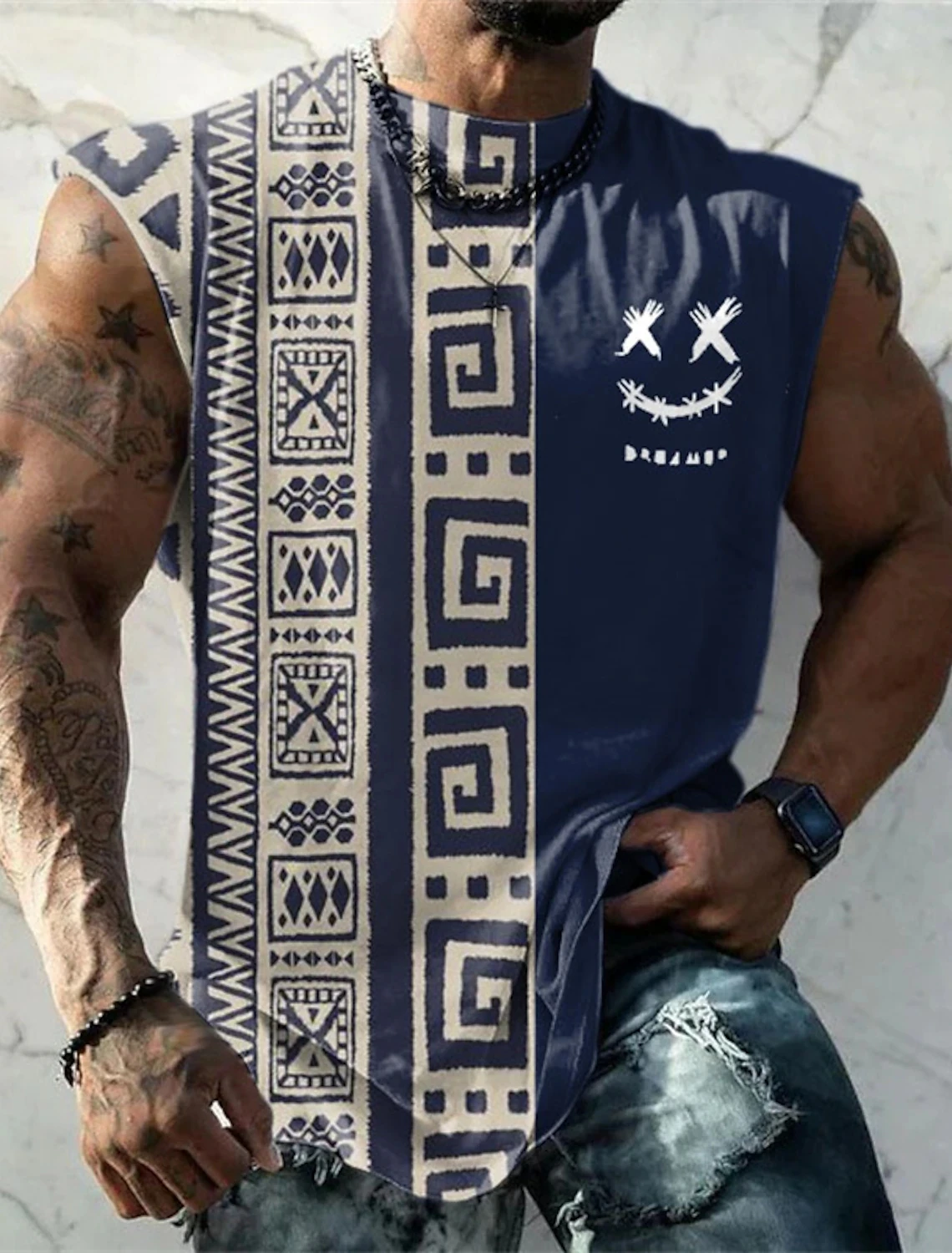 Summer New Men\'s Vest T Shirt Patterned Tribal Round Neck Clothing Daily Fitness Sports Vintage Sleeveless Printed Ethnic Tops