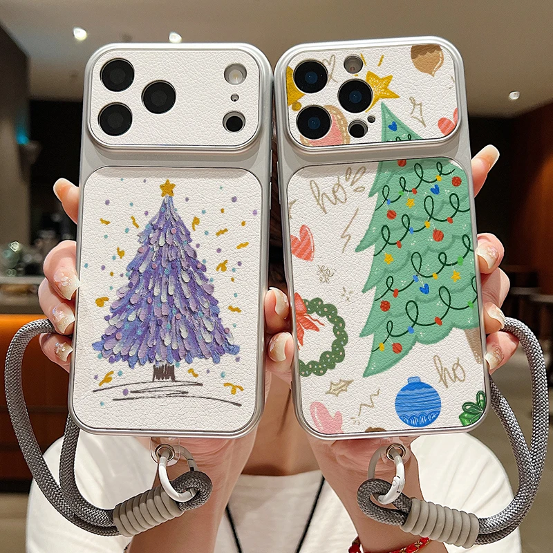 Wrist Strap Lanyard Phone Case For iPhone 18 17 Pro 16 15 14 13 Pro Max Christmas Tree Print Leather Texture Soft TPU Back Cover
