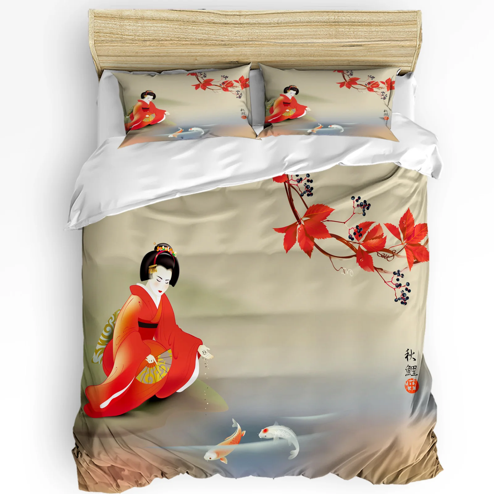 

Japanese Geisha Carp Maple Leaf 3pcs Bedding Set For Bedroom Double Bed Home Textile Duvet Cover Quilt Cover Pillowcase