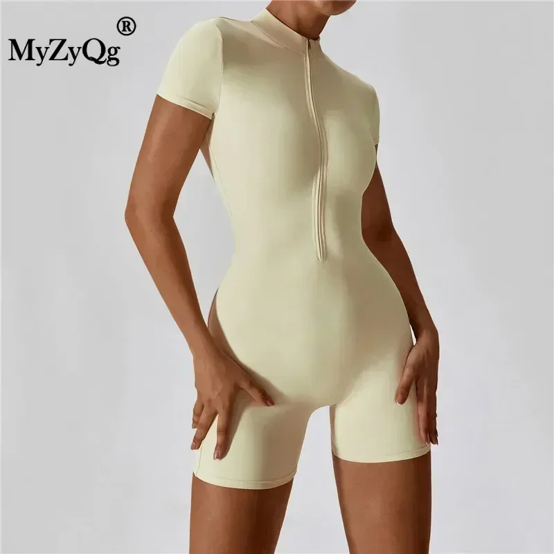 MyZyQg Women Summer Zipper Ballet Dance Aerial Short Sleeve Yoga Jumpsuit Female Dance Fitness Bodyfitting Sports Playsuits