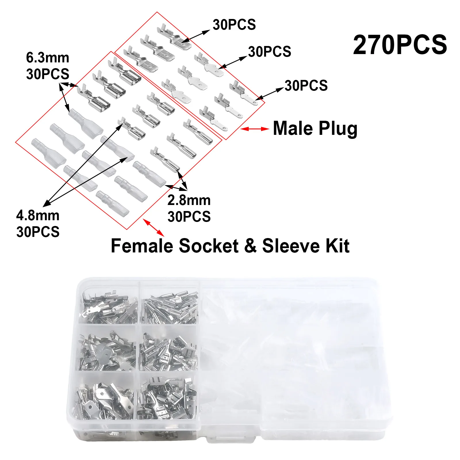 With Box Spade Crimp Terminal Connector Case Connectors Lots Assortment 2.8mm 4.8mm 6.3mm AWG 22~16 2.8/4.8/6.3mm