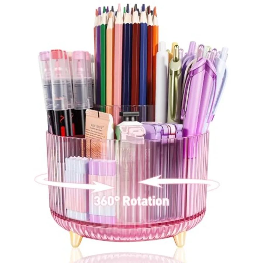 360 Rotating Pen Pencil Holder for Desk, Pen Organizer with 5 Slots, Makeup Brush Holder, Desk Organizer and Accessories, Cute