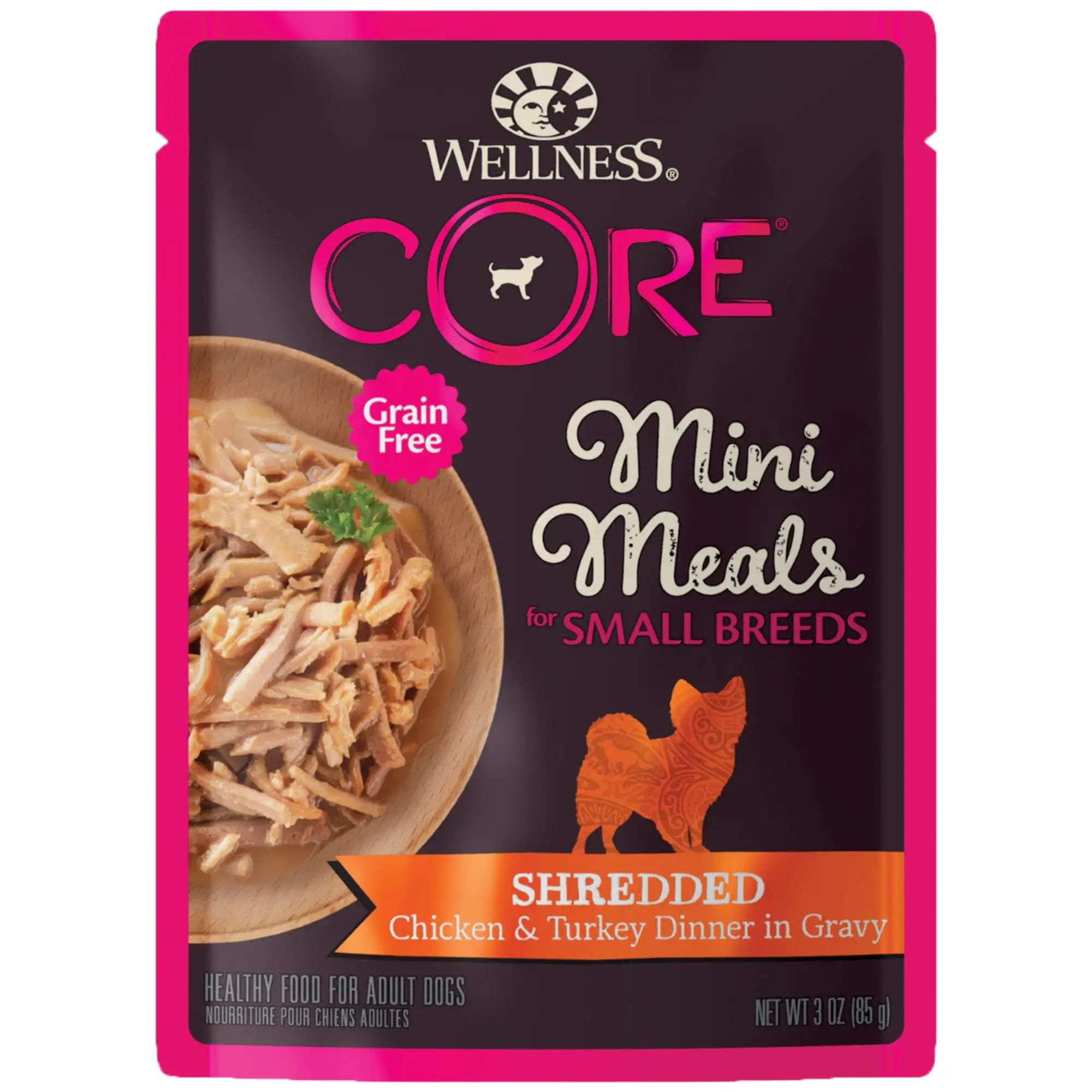 

Wellness CORE Natural Grain Free Small Breed Mini Meals Wet Dog Food, Shredded Chicken & Turkey Dinner in Gravy, 3-Ounce Pouch