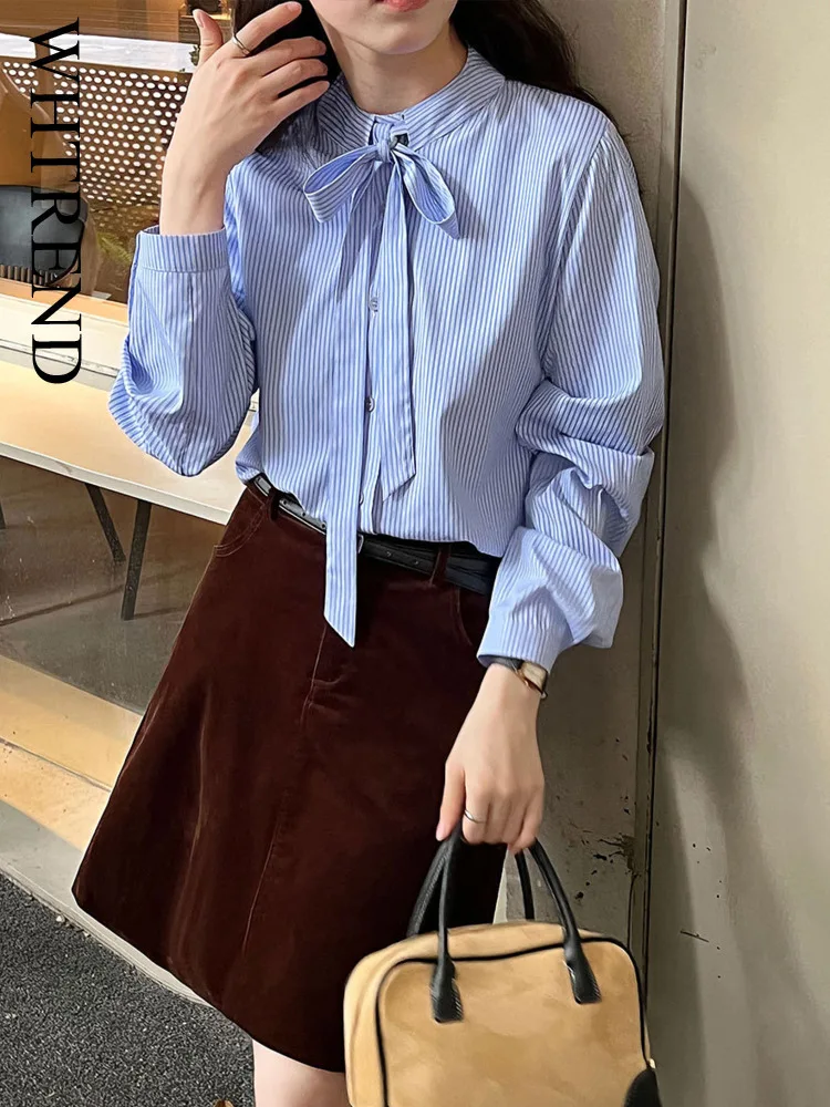

WHTREND Fashion Striped Lace-Up Shirt For Women, New Autumn Style, Versatile Long Sleeves Shirts Top WH2076