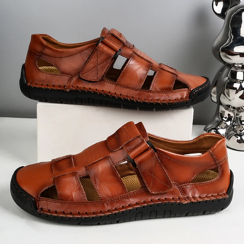 2024 estate moda uomo sandali traspiranti scarpe da uomo in pelle sandali da uomo all\'aperto sandali da spiaggia antiscivolo scarpe vuote calzature