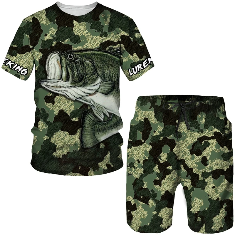 Summer Fishing Battle Camo 3D Print Men\'s T-shirt Sets Harajuku Fashion T-Shirt Shorts Two Piece Set Casual Pullover Tracksuit