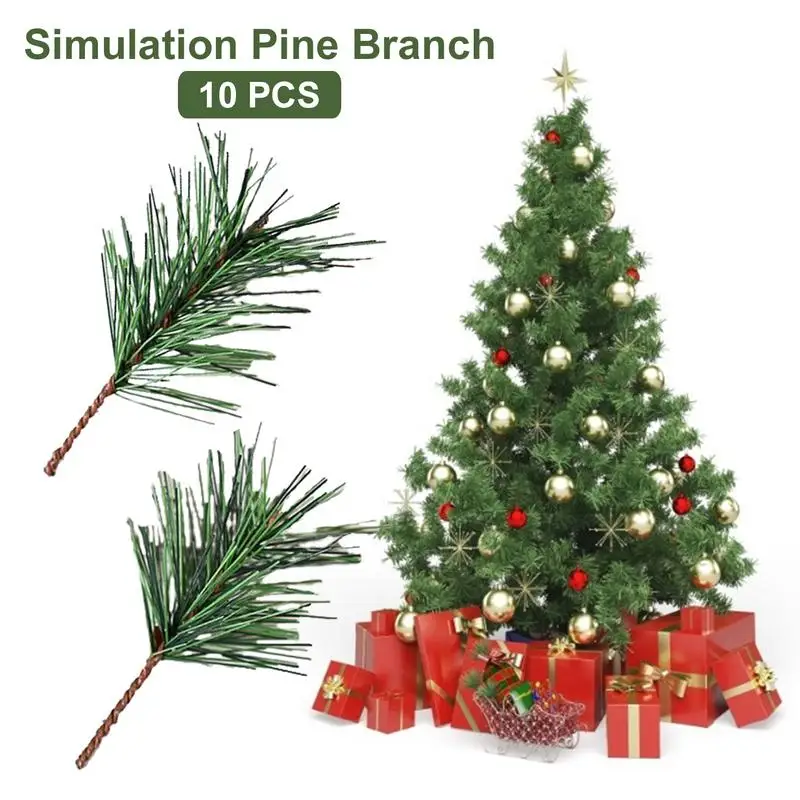 10pcs Artificial Christmas Pine Branch Small Pine Stems Picks Plastic Simulation Decor Pendant For Christmas Wreaths