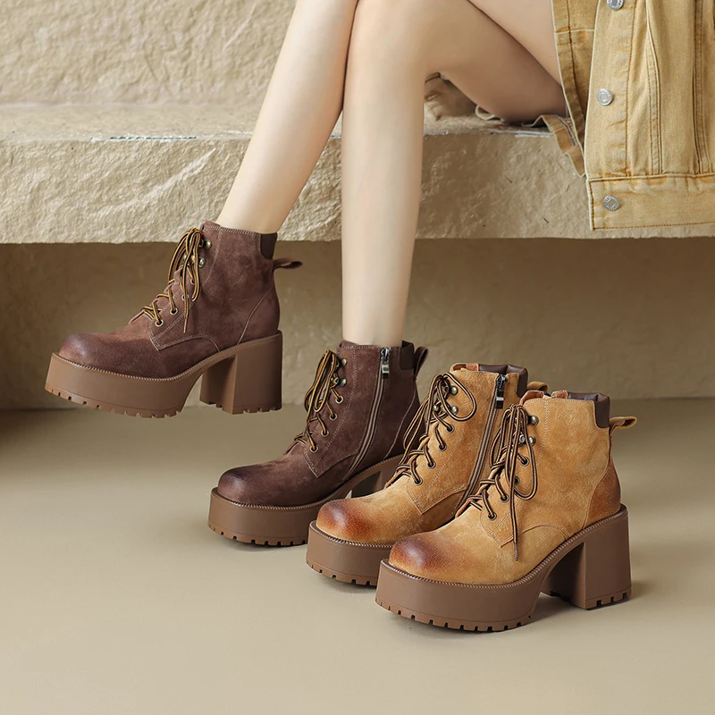 2026 new autumn winter women ankle boots 22-25cm sheepskin+pigskin/plush round toe side zip platform high heel women short boots