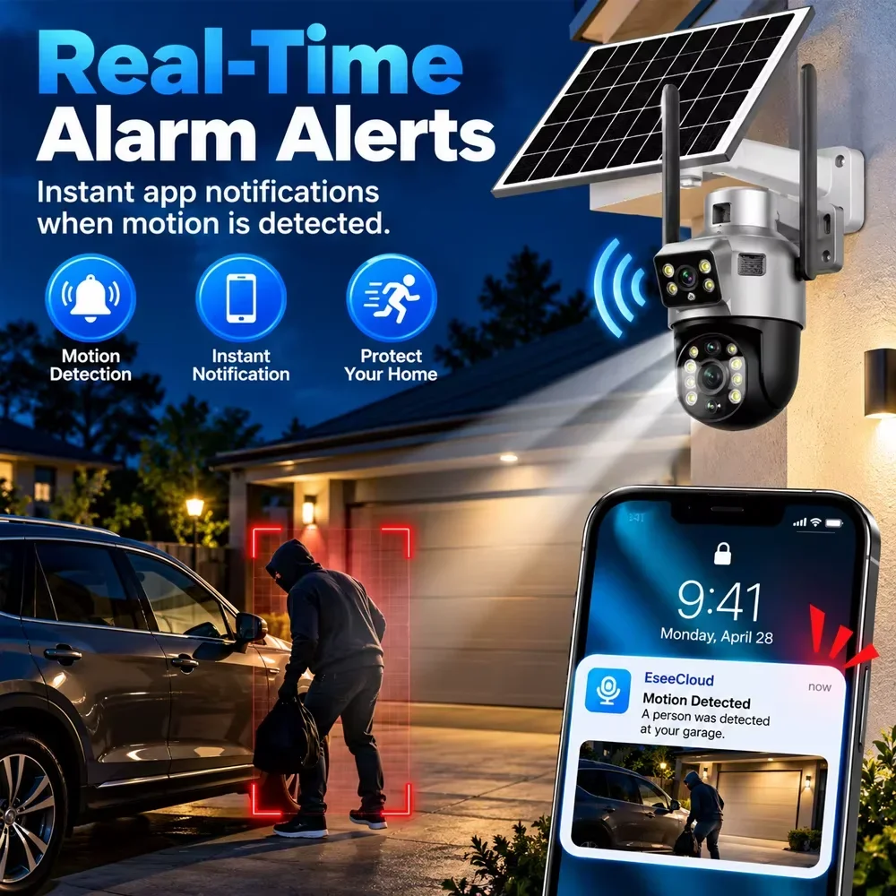 4K Dual Lens Solar WiFi Camera Kit With PTZ Cameras 10CH 5MP NVR 10 Inch Monitor IP66 Motion Detection EseeCloud Home Security