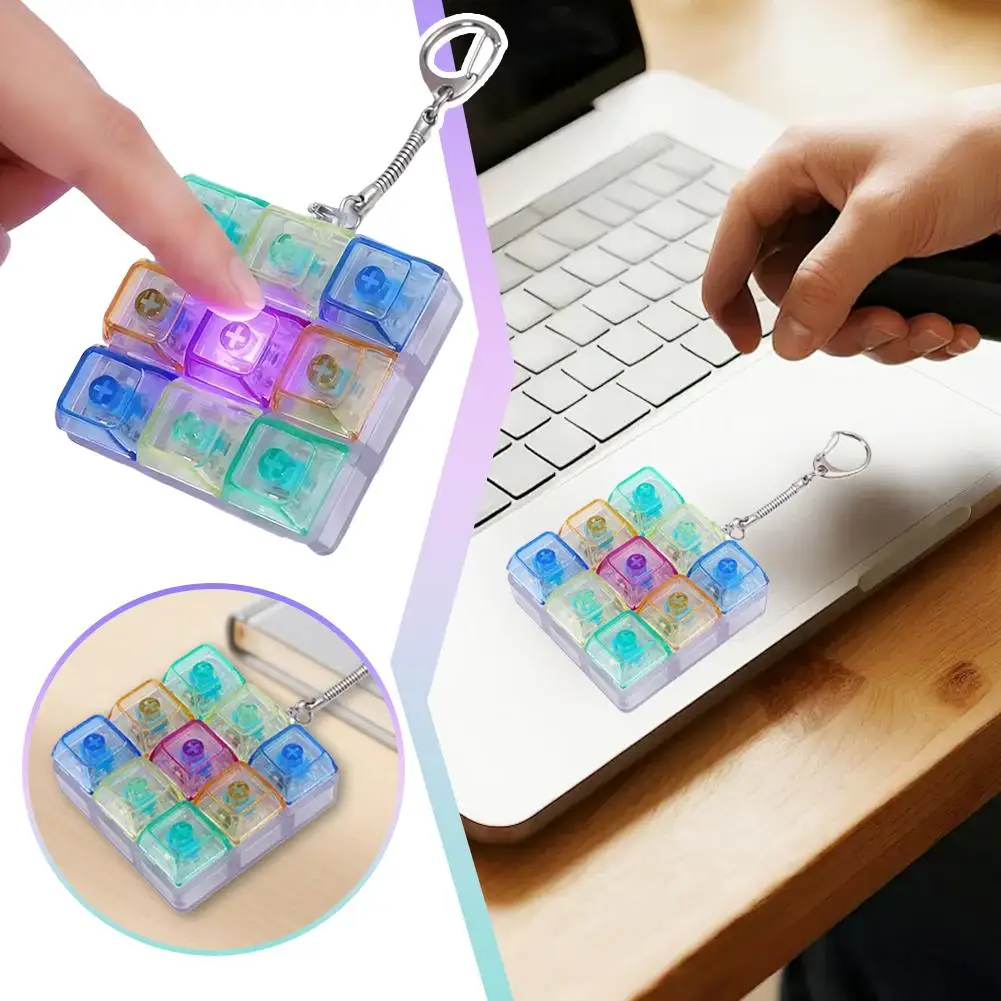 9-Tasten Mechanische Tastatur Fidget Toy Transparenter Klick-Tastenanhänger mit RGB-Licht Stressabbau-Fingerspielzeug