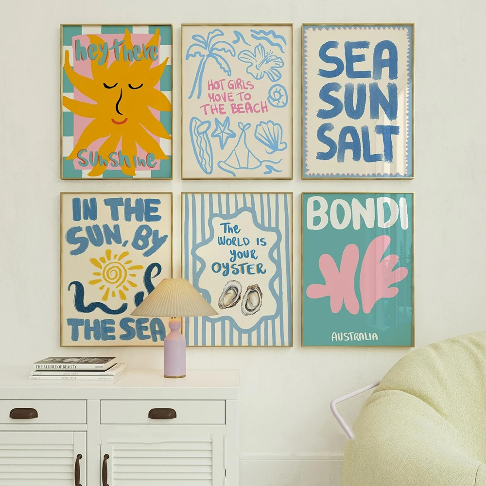 Coastal Typography Print Preppy Summer Beach Wall Art House Decor Trendy Colorful Canvas Poster Nautical Aesthetic Decor Murals