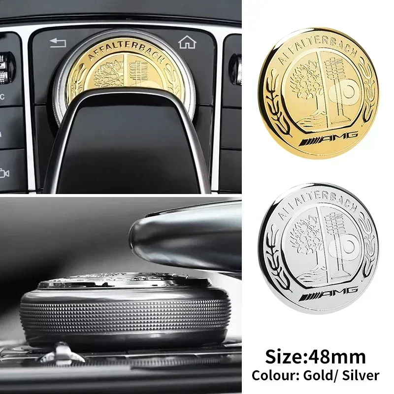 1 unidade de adesivo para cobertura do botão multimídia de 48mm para o console central do carro, compatível com Mercedes Benz AMG GLC GLE CLA GLA W205 W211 W213, acessórios para carros.