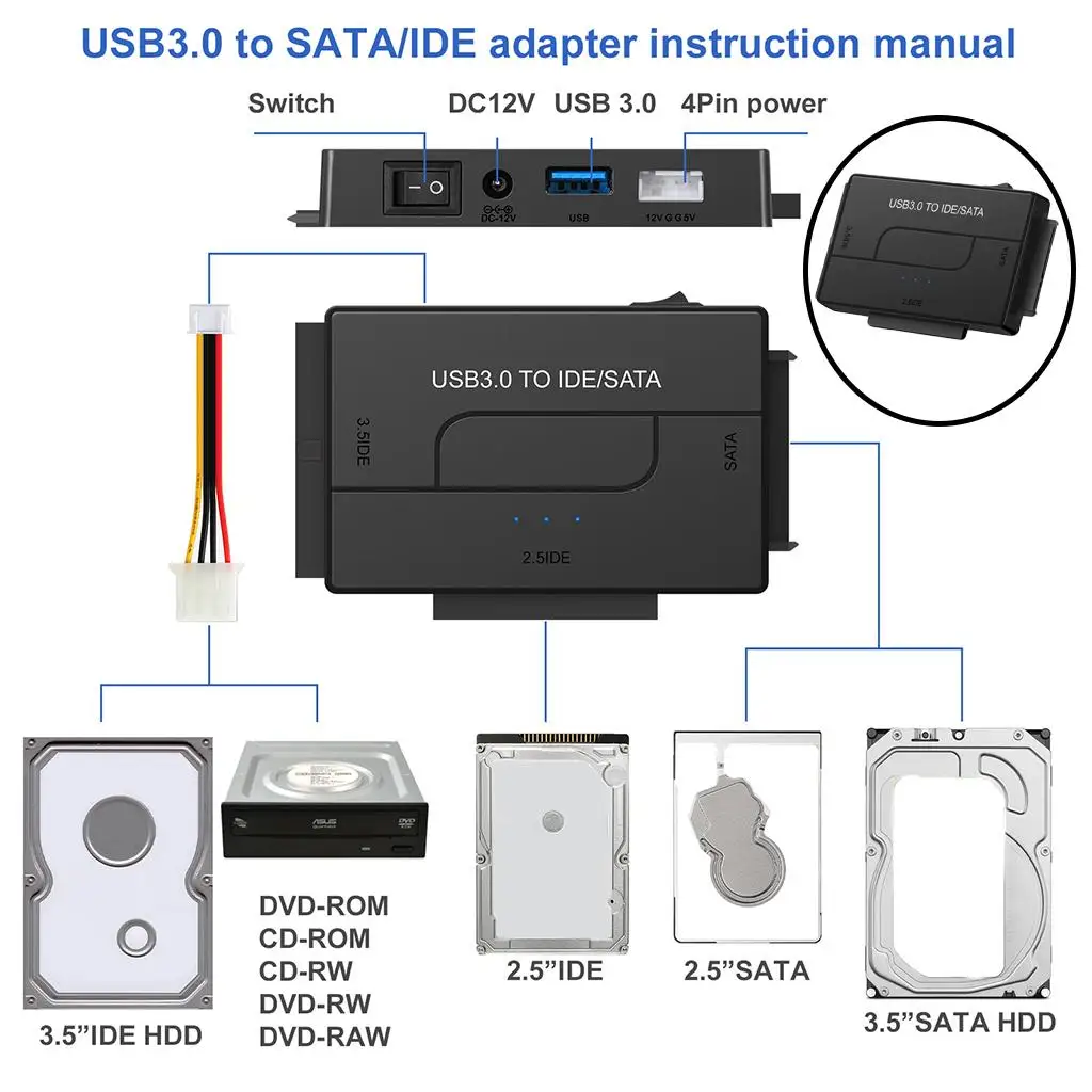 External /IDE to USB 3.0 Adapter Converter DC Power 12V Software