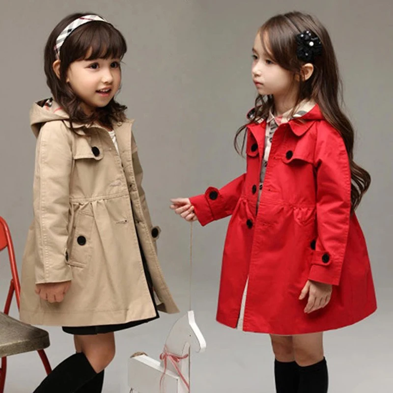 Autumn Baby Girls Trench Windbreaker Spring Long Style Hooded Coat for Girl Kids Clothes Red Jacket Children Birthday Present