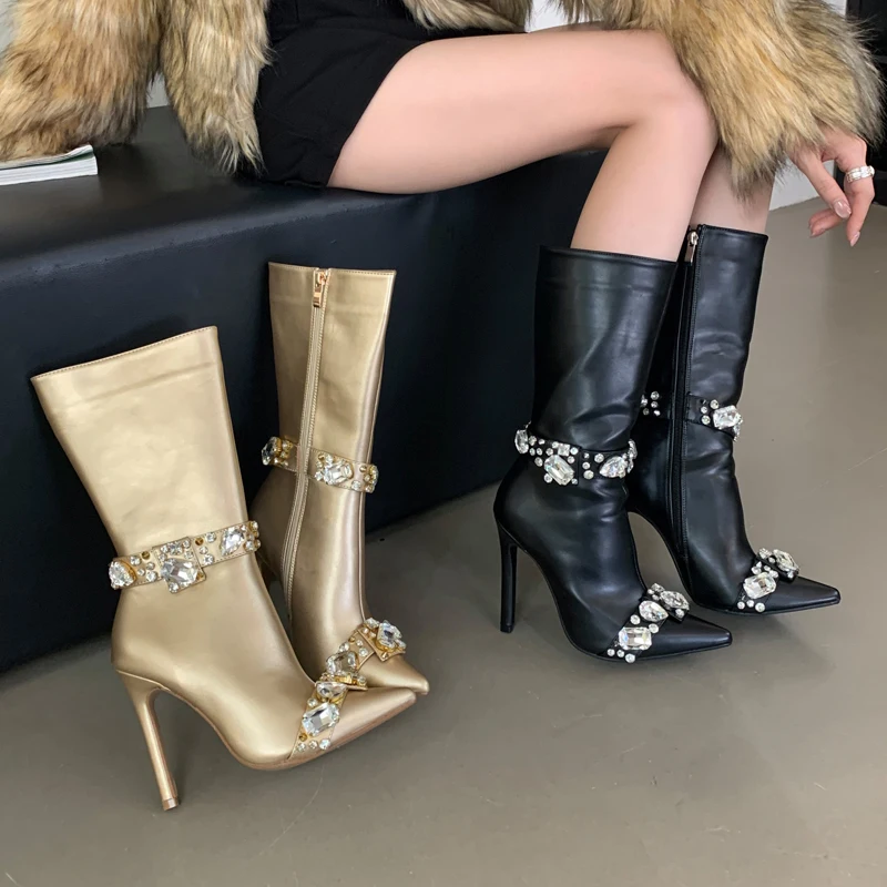 Street Style Boots Woman Pointed Toe Rhinestone Side Zipper High Heels Stripper Nightclub Winter Long High Shoes Botas De Moda